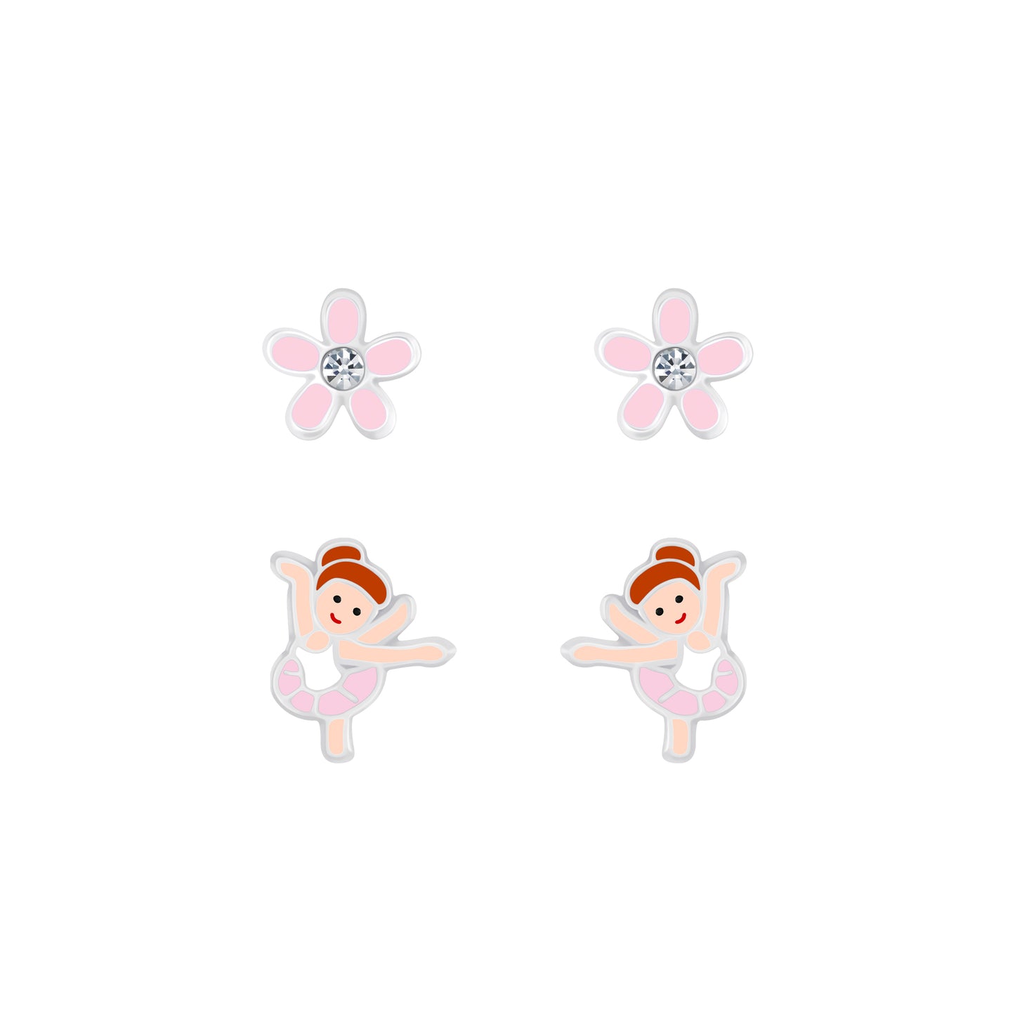 Melchior Jewellery cute sterling silver earrings for children featuring pink flower and ballerina designs