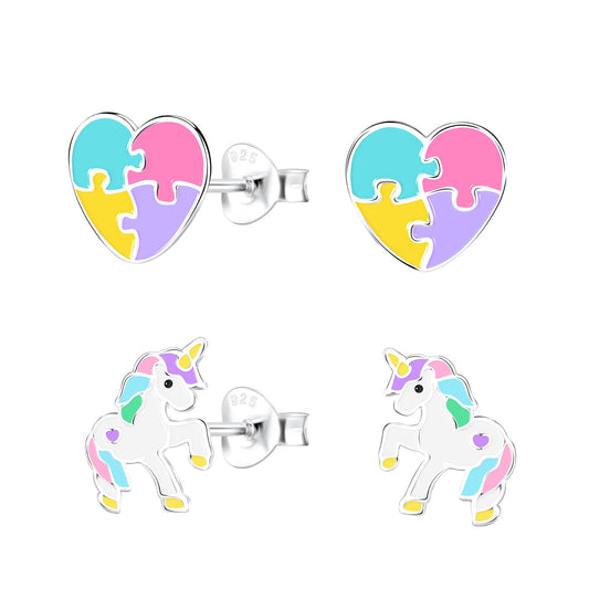 Cute unicorn earrings set for children featuring colourful heart and unicorn designs by Melchior Jewellery