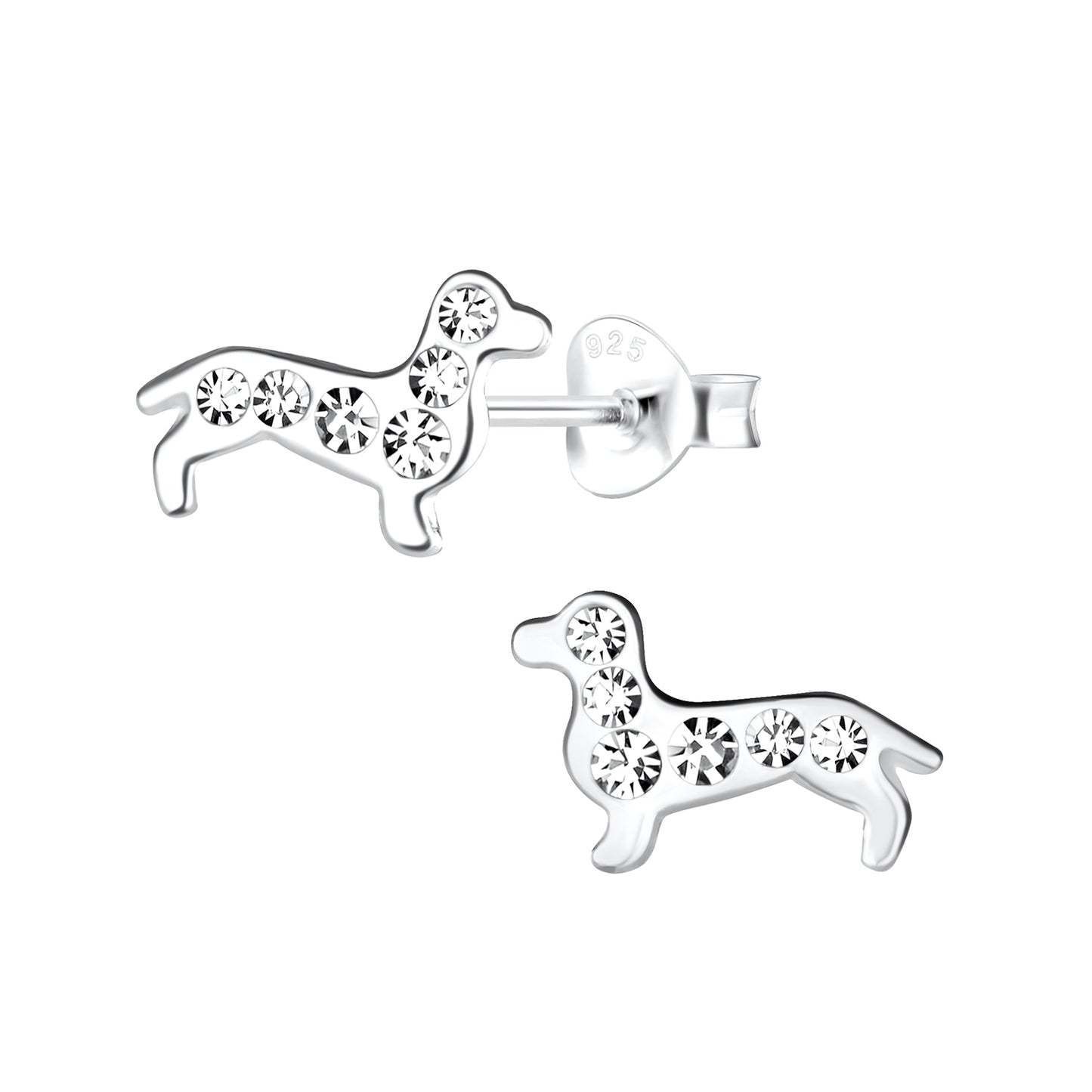 Melchior Jewellery dachshund stud earrings for kids in silver with sparkly crystal detailing