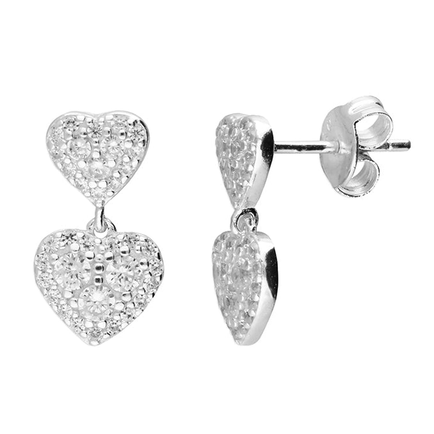 Melchior Jewellery double heart earrings in silver with sparkling crystal embellishments for women