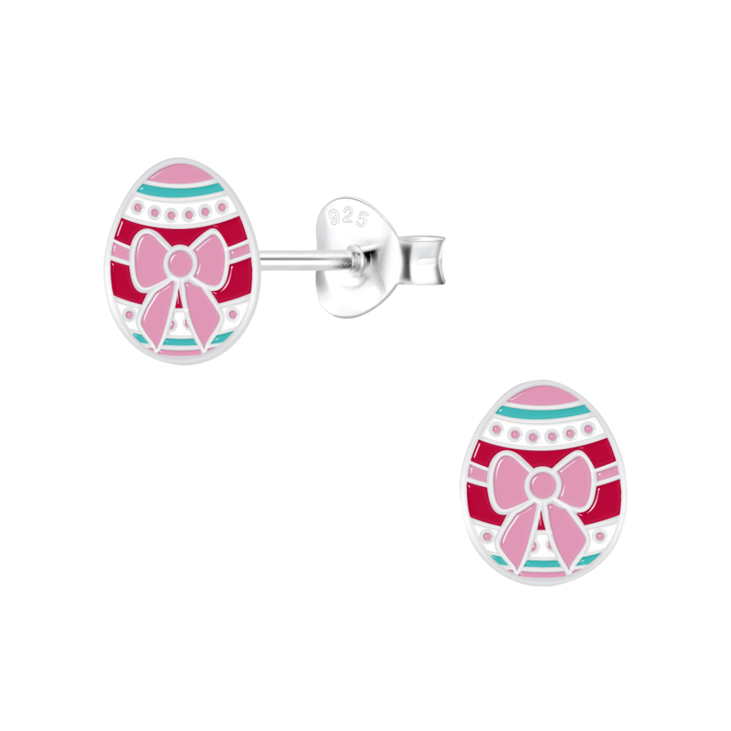 Melchior Jewellery Easter Egg Stud Earrings in silver with pink, red, and turquoise enamel bow design