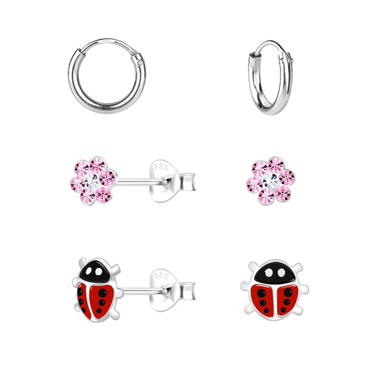 Melchior Jewellery flower and ladybird stud earrings for kids with pink crystals and red enamel