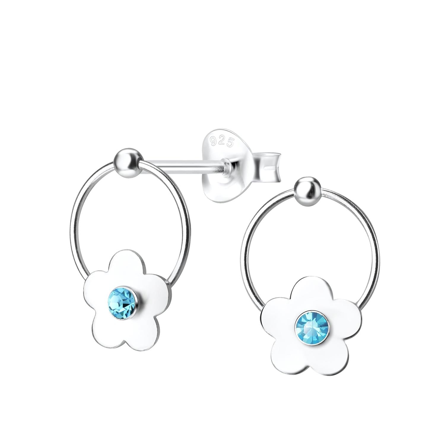 Melchior Jewellery flower earrings for little girls in silver with blue gemstone centre