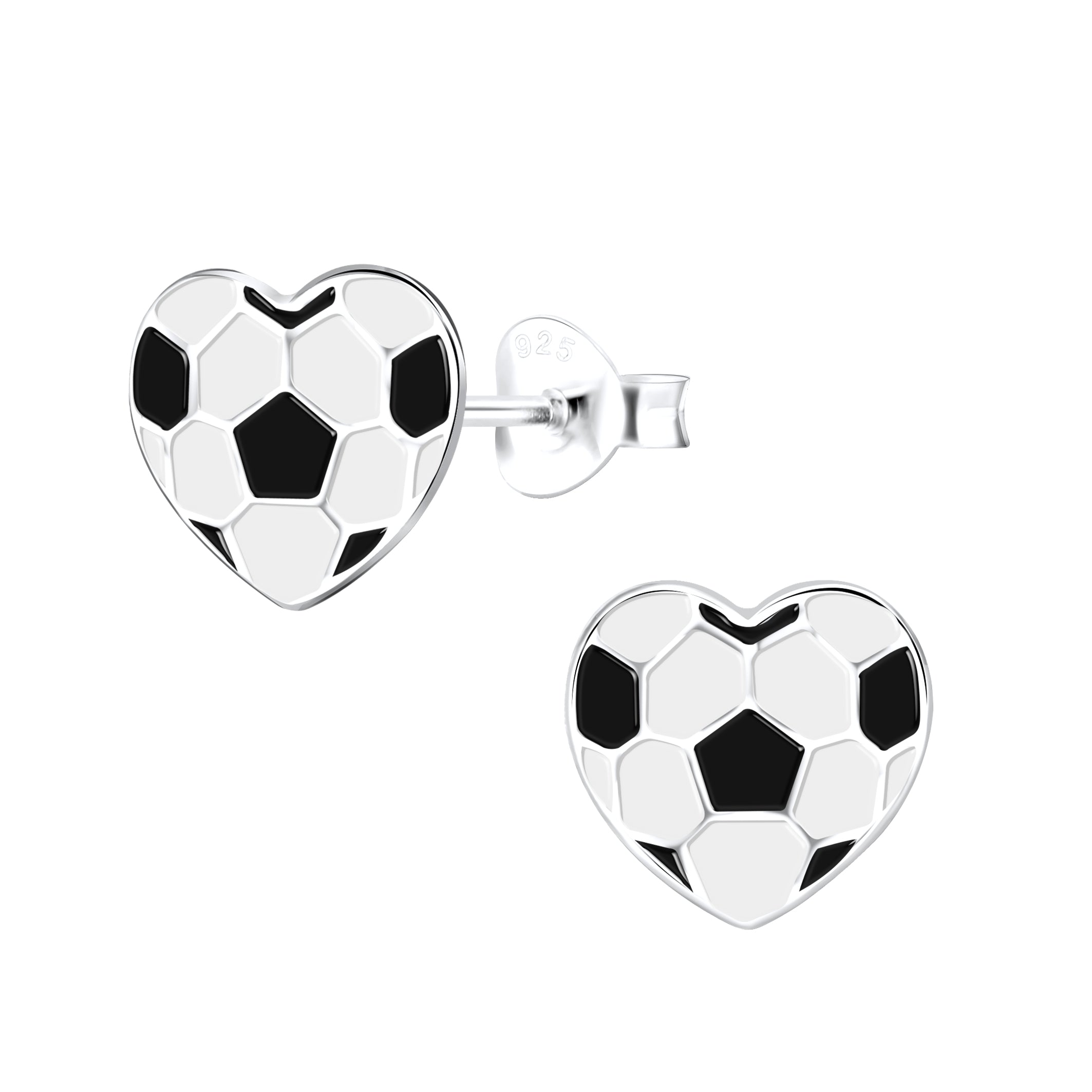 Melchior Jewellery heart-shaped football earrings for girls in silver with black and white enamel