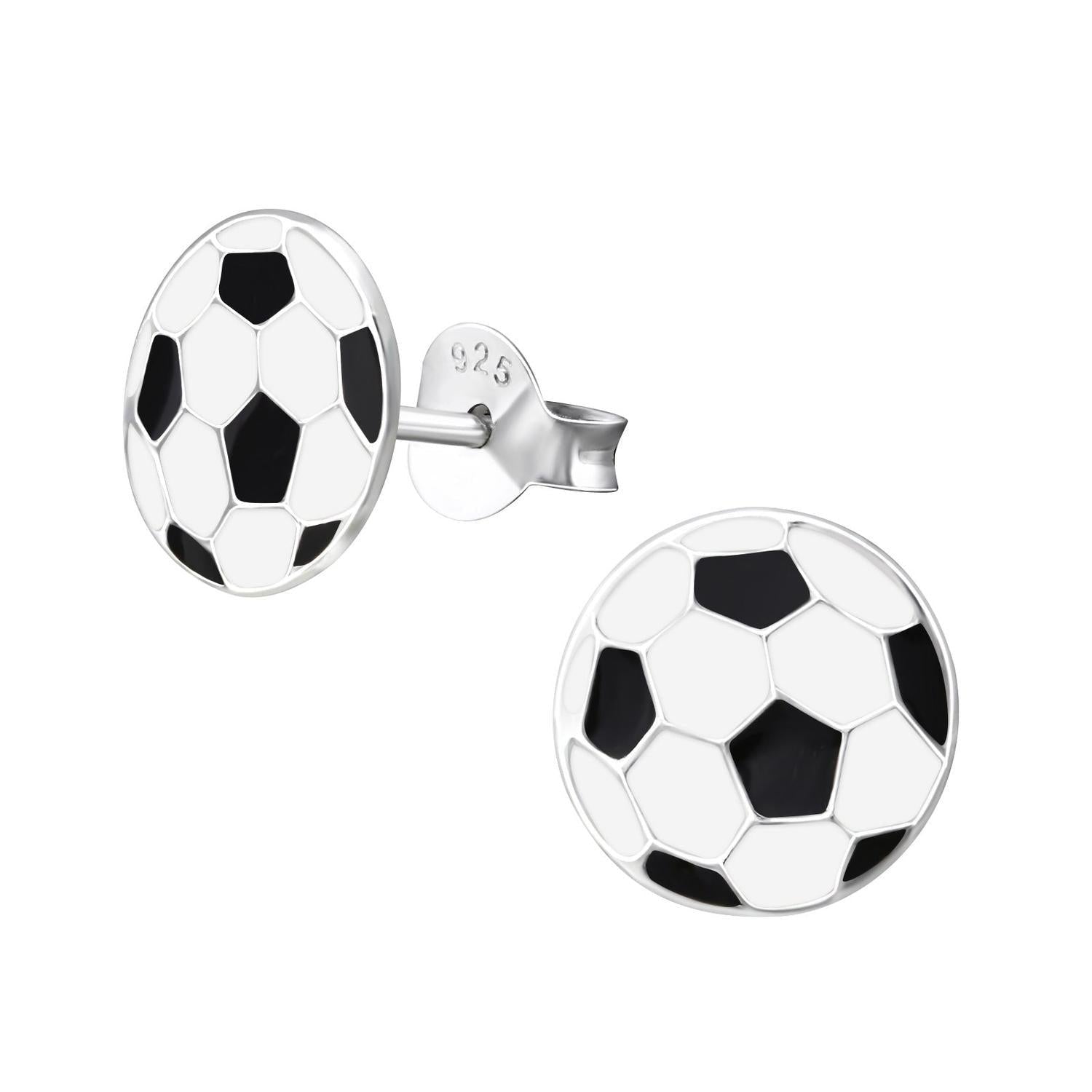 Melchior Jewellery football themed earrings for boys and girls in silver with black and white football design