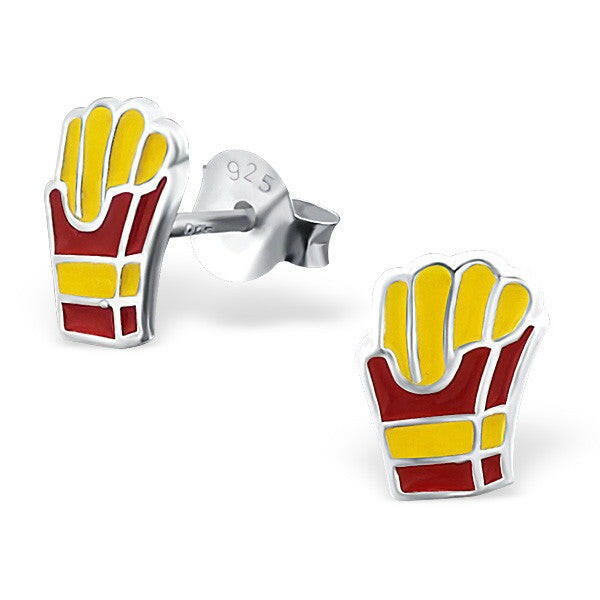 Melchior Jewellery french fries stud earrings for kids in silver with red and yellow enamel design