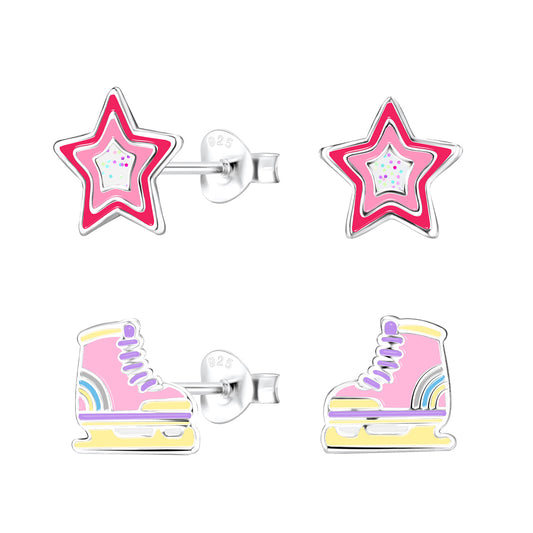 Melchior Jewellery pink star and ice skate enamel stud set in sterling silver fun novelty earrings for children