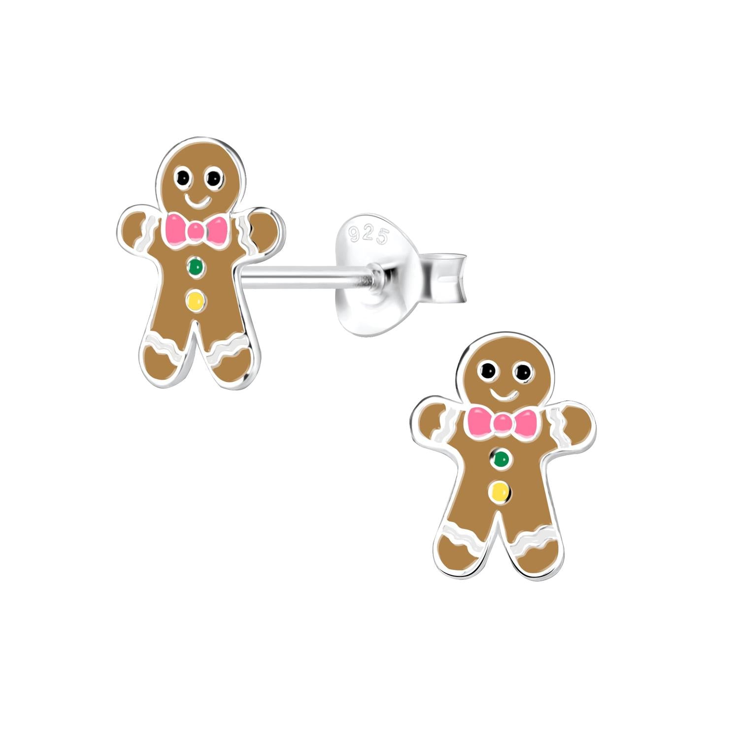 Melchior Jewellery childrens gingerbread man stud earrings with colourful bow tie and button details