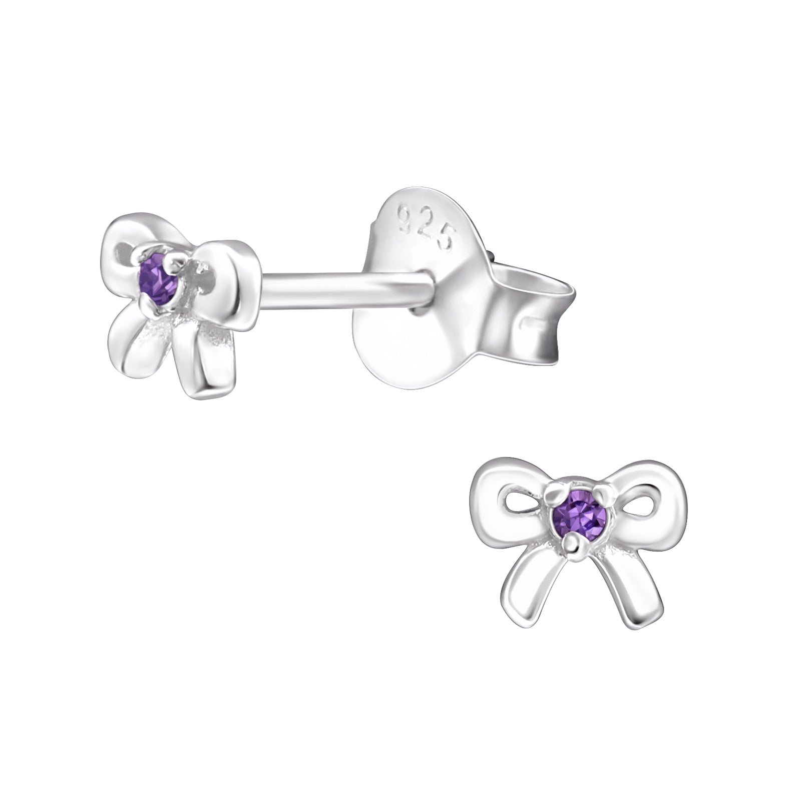 Melchior Jewellery girls amethyst birthstone earrings in sterling silver bow design