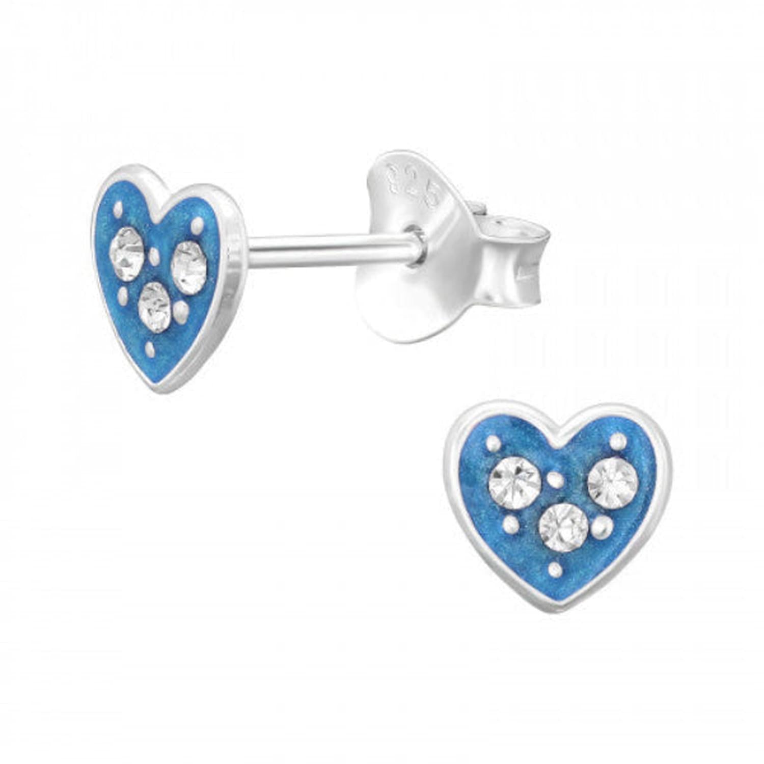 Melchior Jewellery girls blue heart earrings with silver studs and sparkly crystals