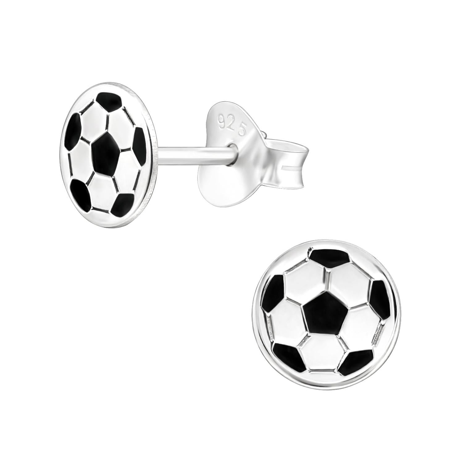 Girls football earrings sterling silver by Melchior Jewellery with black and white football design