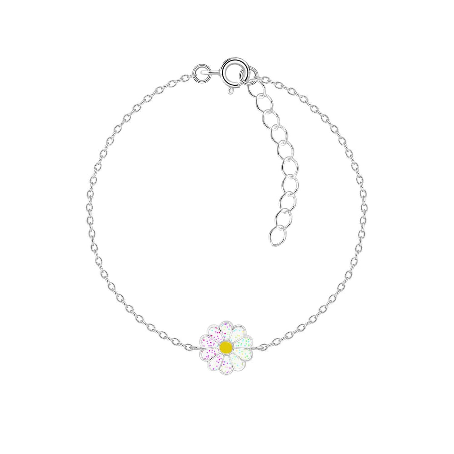 Melchior Jewellery girls glitter daisy jewellery silver bracelet with delicate chain and sparkling flower charm