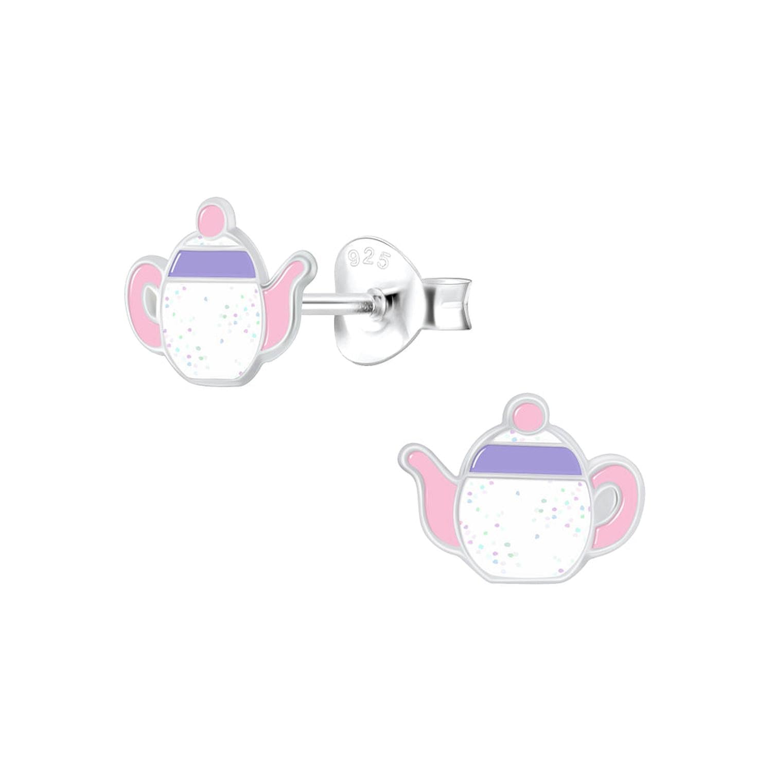 Girls novelty silver earrings shaped like colourful teapots from Melchior Jewellery