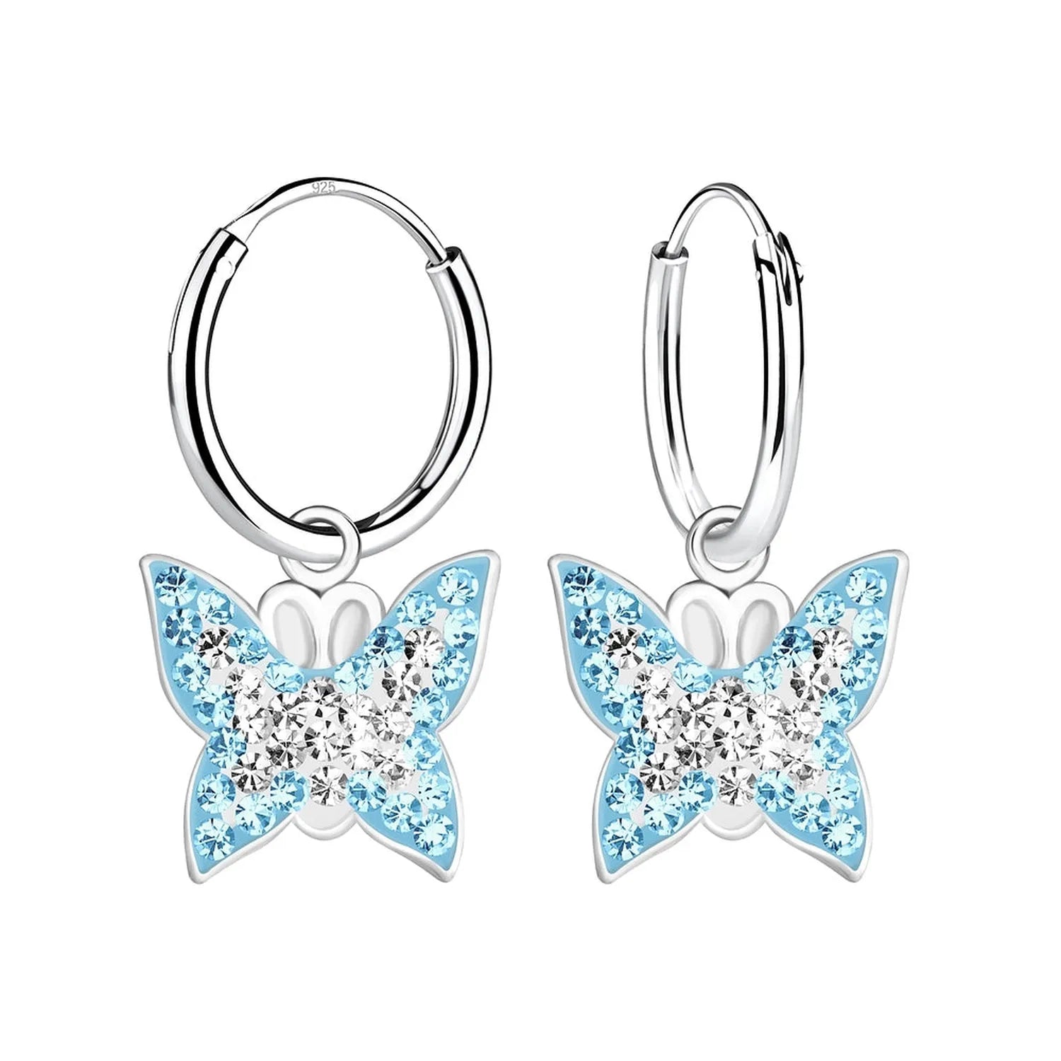 Girls silver hoop earrings with butterfly charms adorned with blue and clear crystals by Melchior Jewellery
