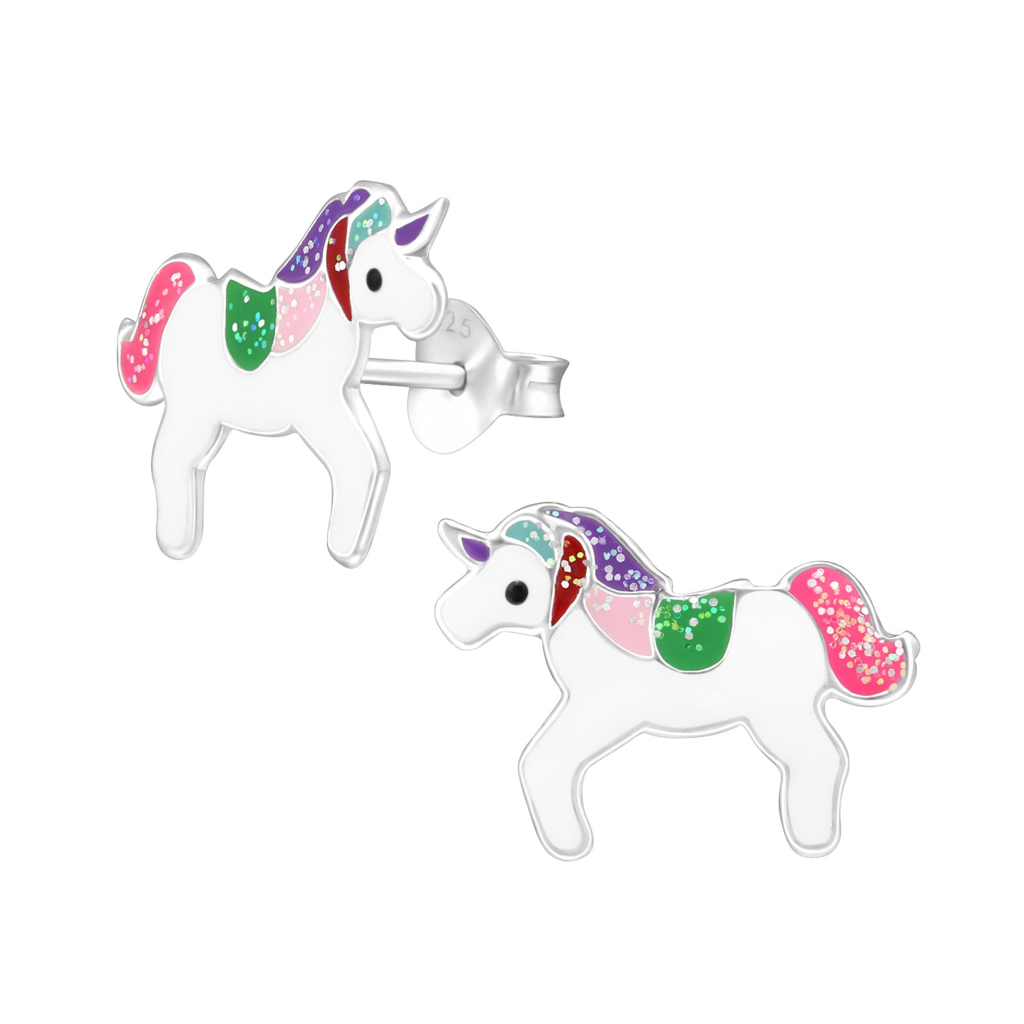 Melchior Jewellery childrens silver unicorn stud glitter unicorn earrings for girls with multicolour glitter mane