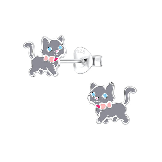Melchior Jewellery grey cat stud earrings for kids with blue eyes and pink bow detail