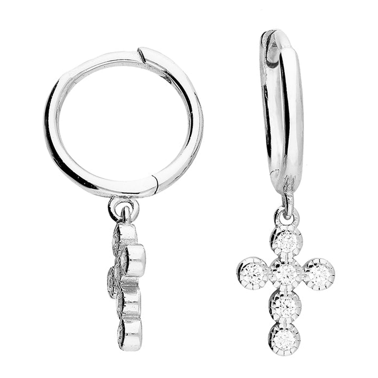 Silver Melchior Jewellery huggie hoop earrings with small sparkling cross charms