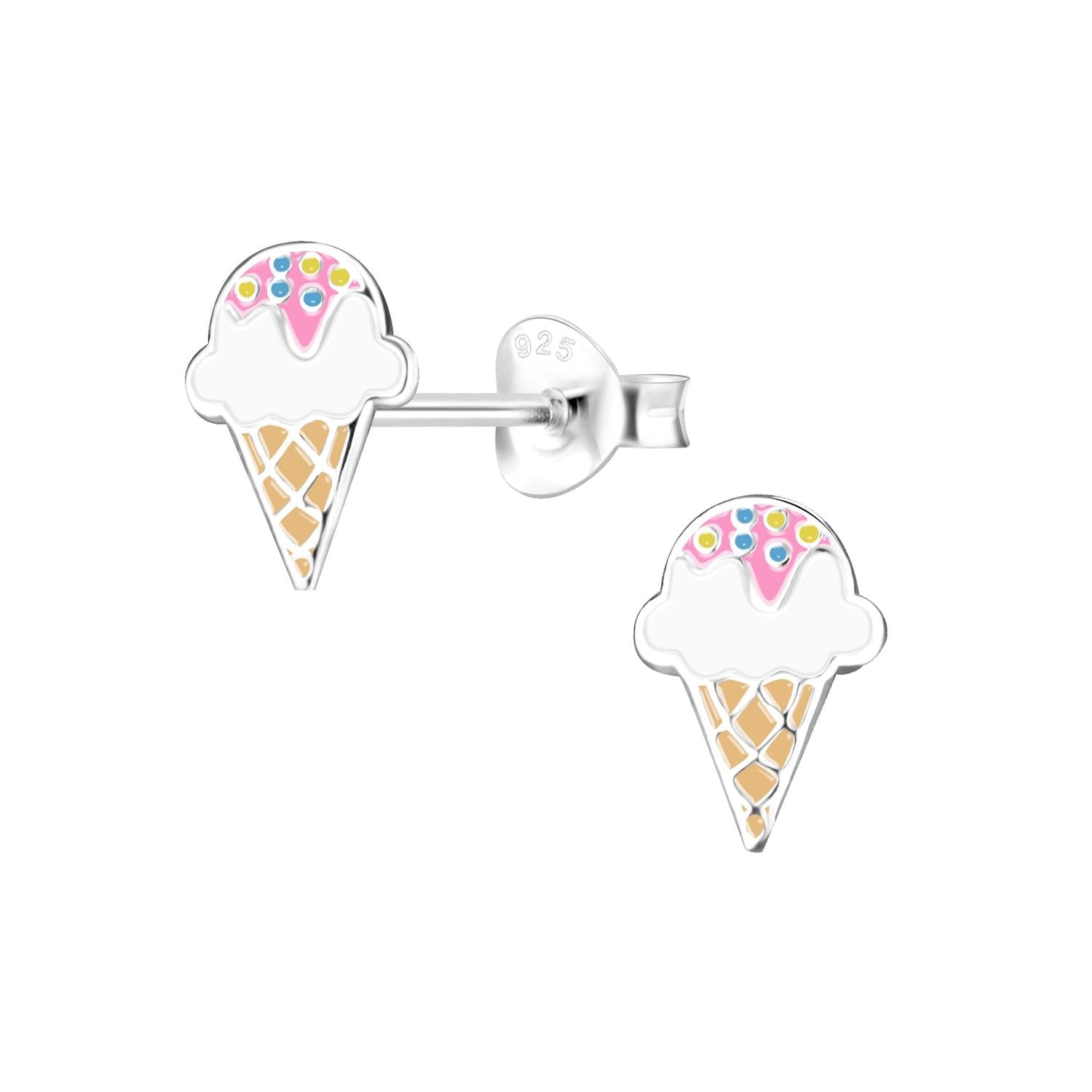 Melchior Jewellery silver ice cream stud earrings for kids with white enamel scoop pink sprinkles