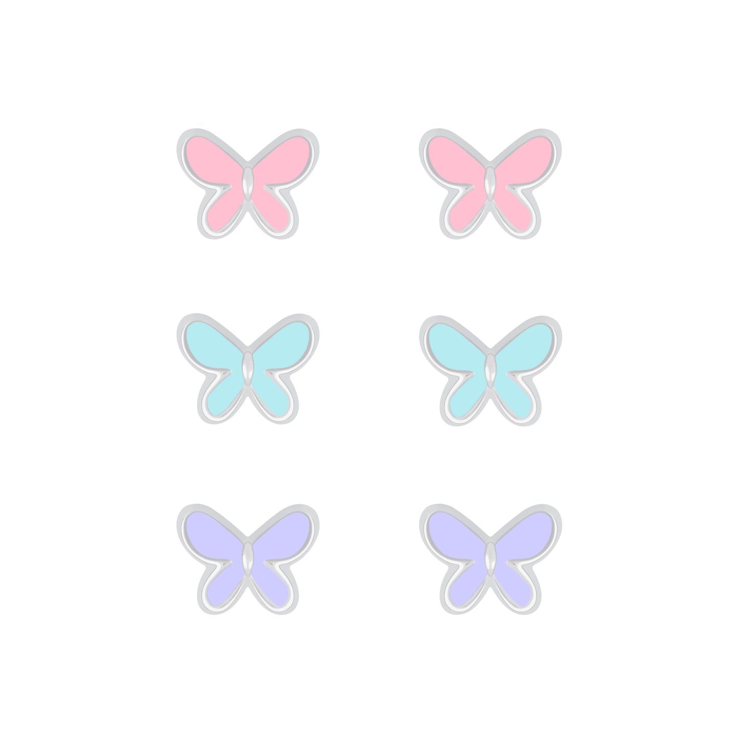 Melchior Jewellery children's silver butterfly earrings set with three pastel pink blue and lilac pairs