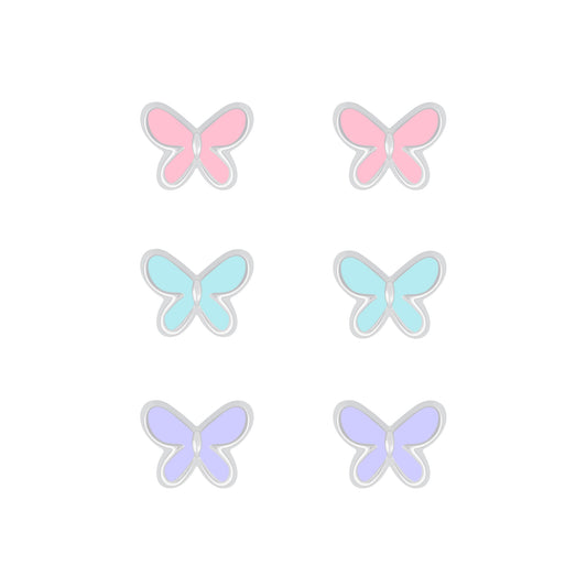 Melchior Jewellery children's silver butterfly earrings set with three pastel pink blue and lilac pairs