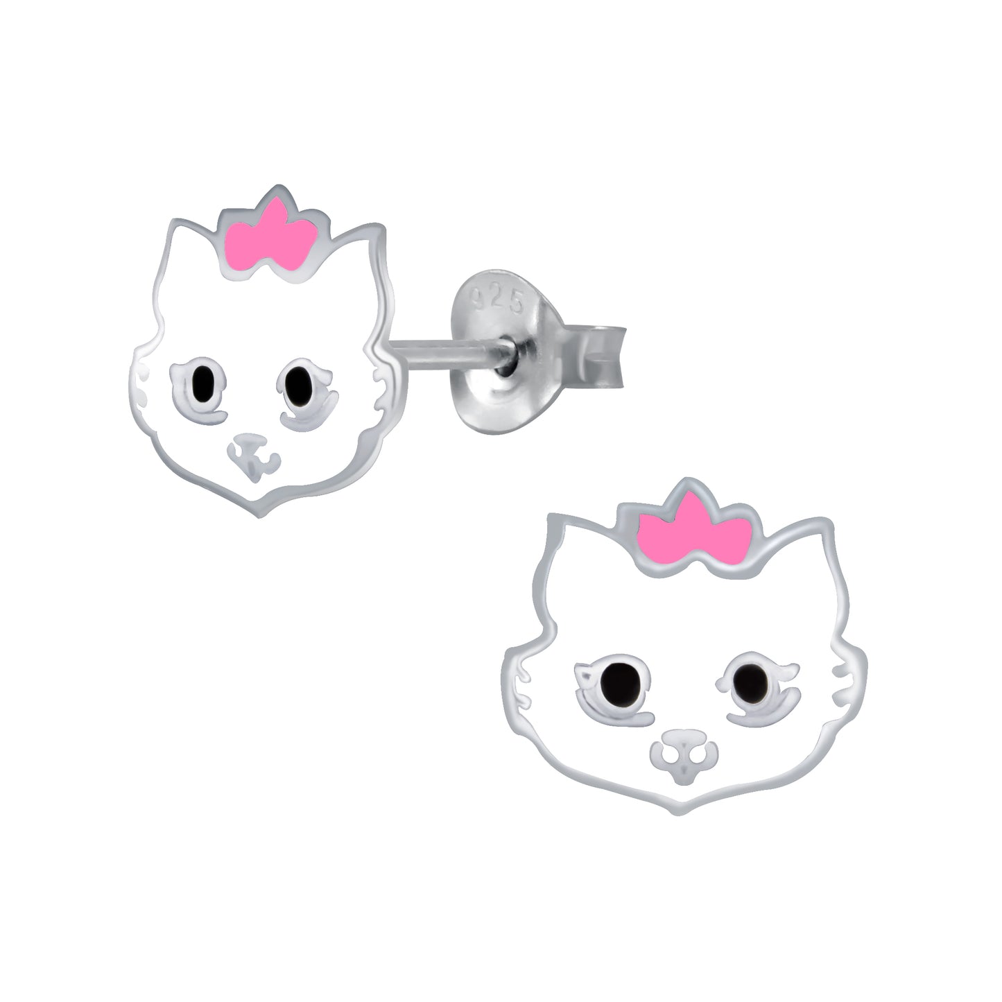 Melchior Jewellery children's sterling silver cat earrings white enamel studs with pink bows