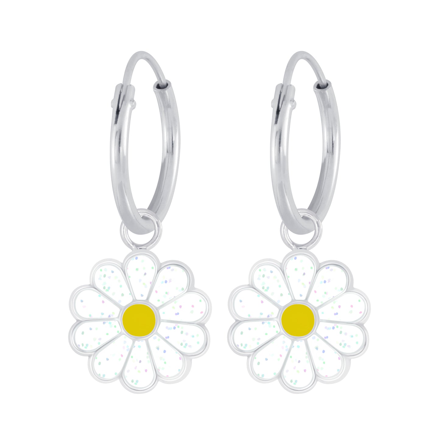 Melchior Jewellery children's sterling silver daisy earrings white glitter petals yellow centre small hoop