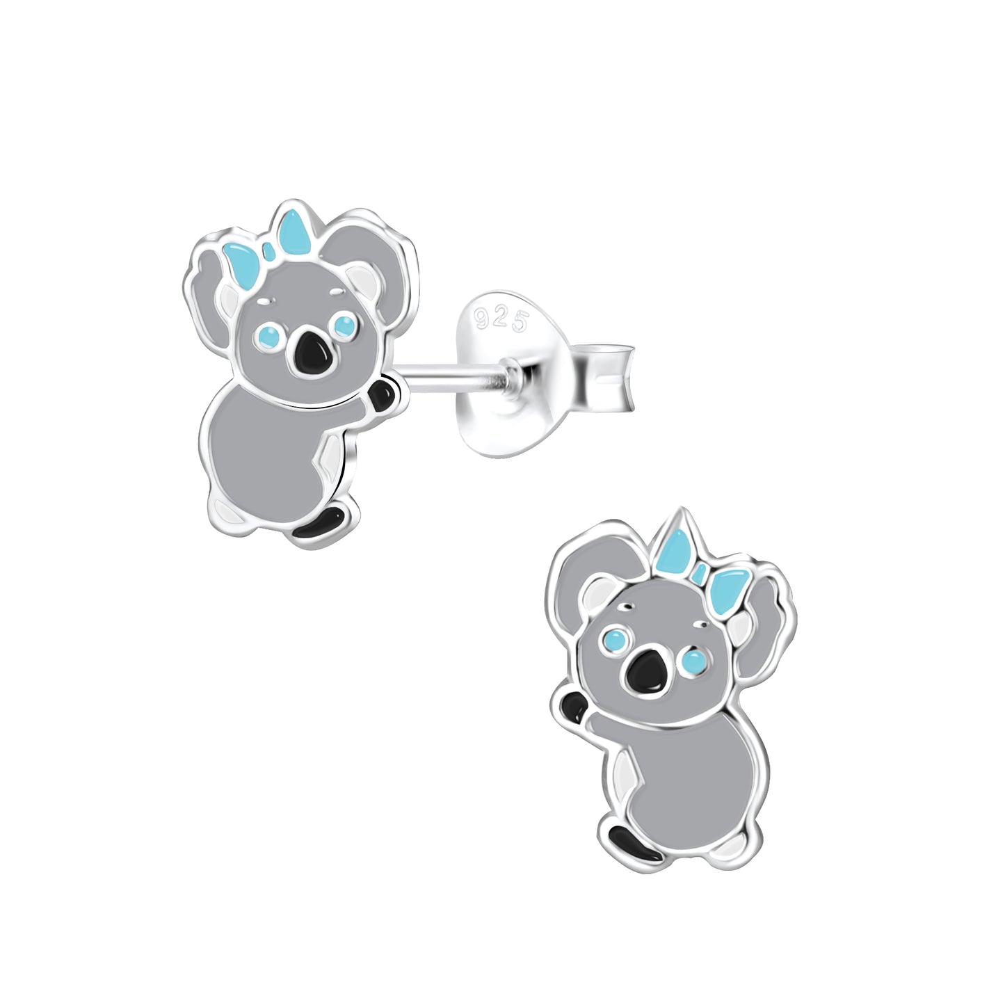 Melchior Jewellery children's sterling silver koala earrings pair of grey enamel koala stud earrings with blue bow accents