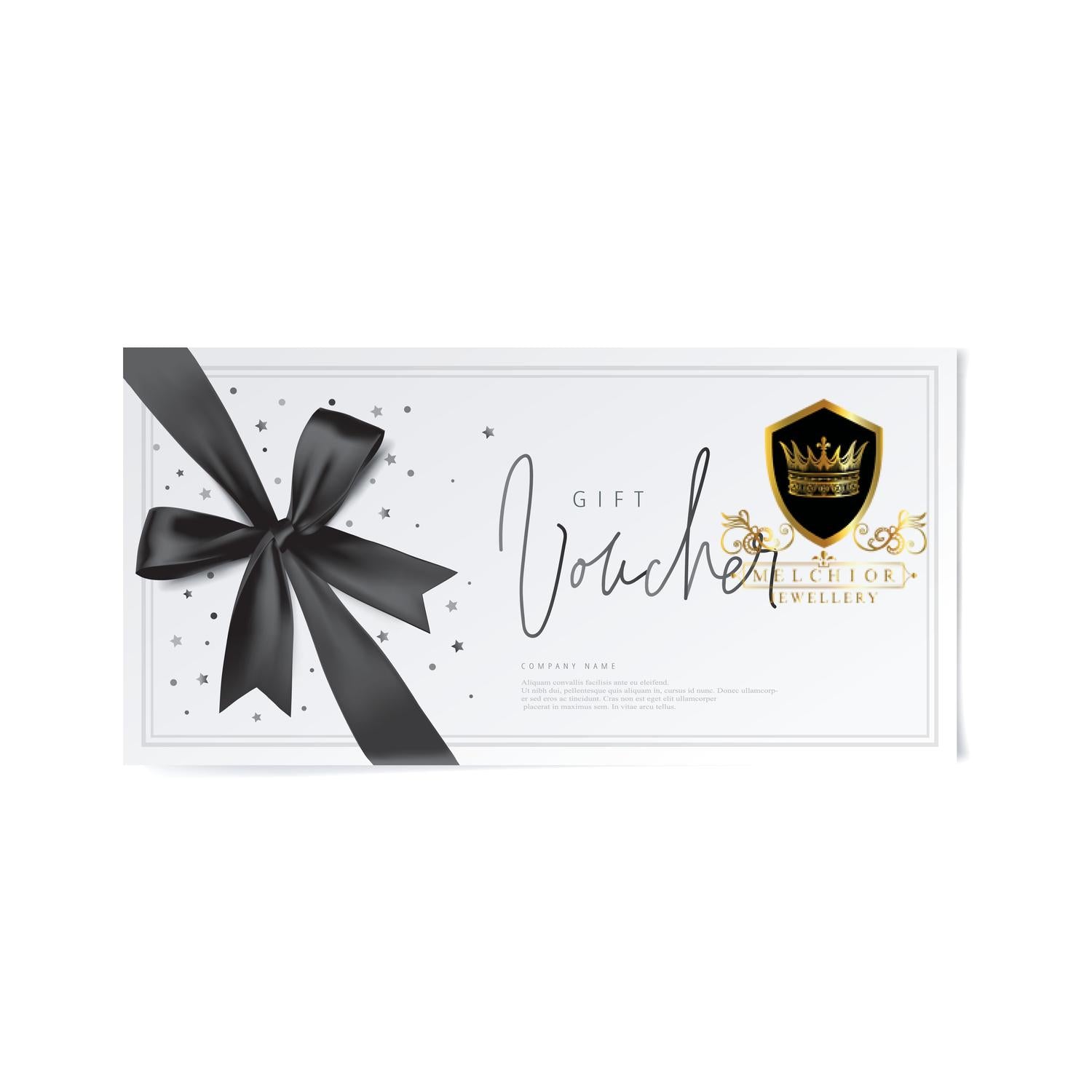 Melchior Jewellery gift card with elegant black ribbon and gold logo on white background