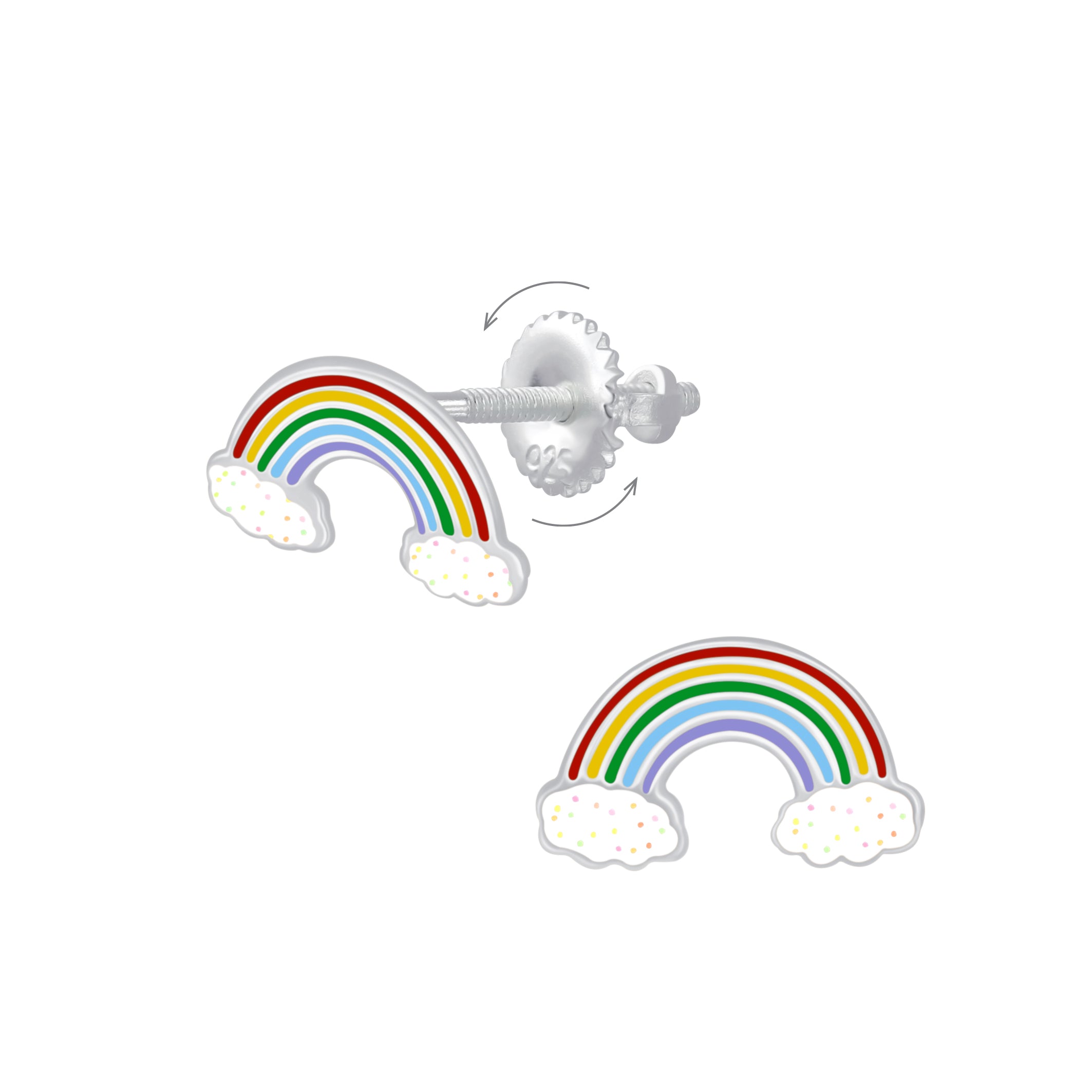 Melchior Jewellery kids screw back glitter earrings rainbow studs with glitter clouds and secure screw back fittings