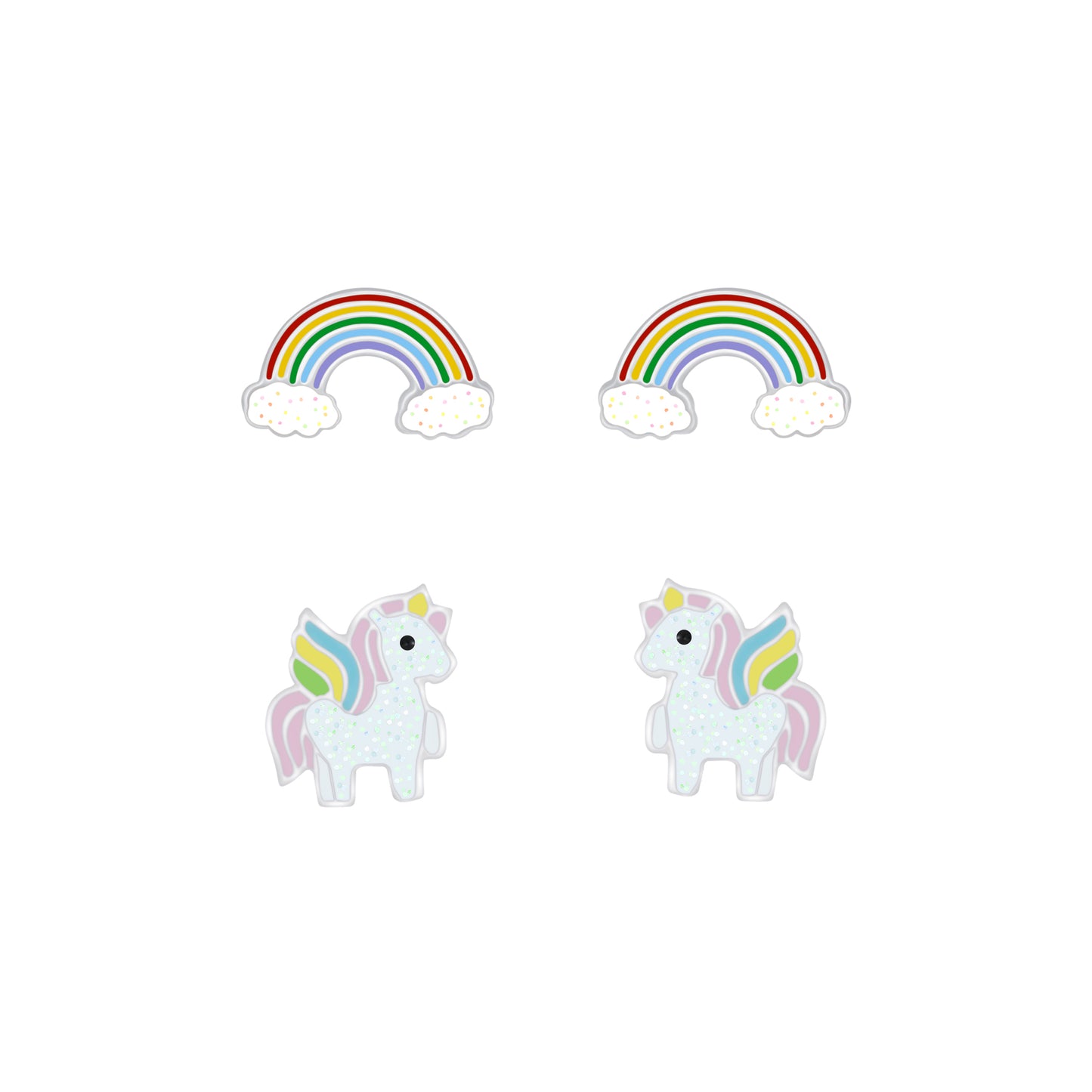 Melchior Jewellery rainbow and unicorn earrings set for children two rainbow studs and two pastel unicorn studs