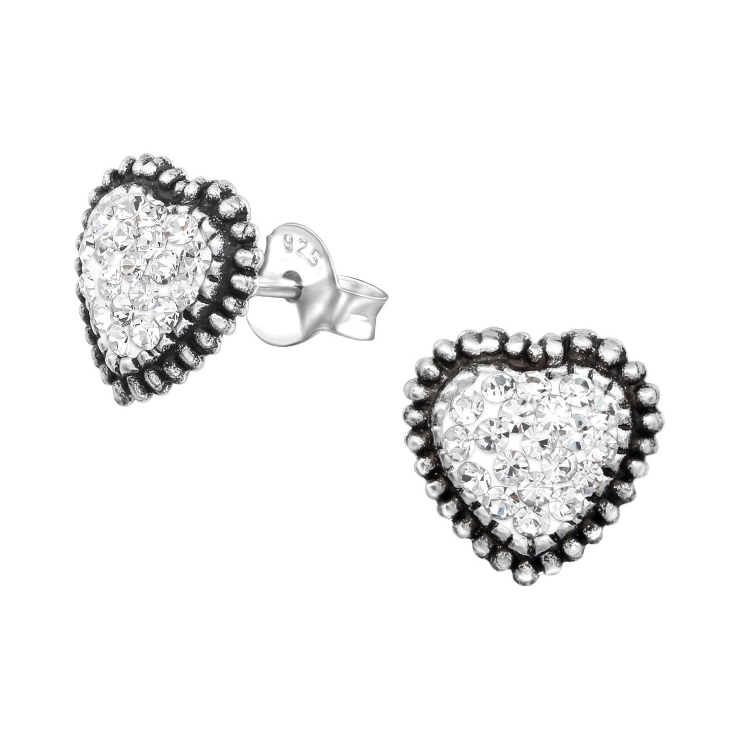 Melchior Jewellery heart shaped silver crystal stud earrings with beaded border and pave crystals
