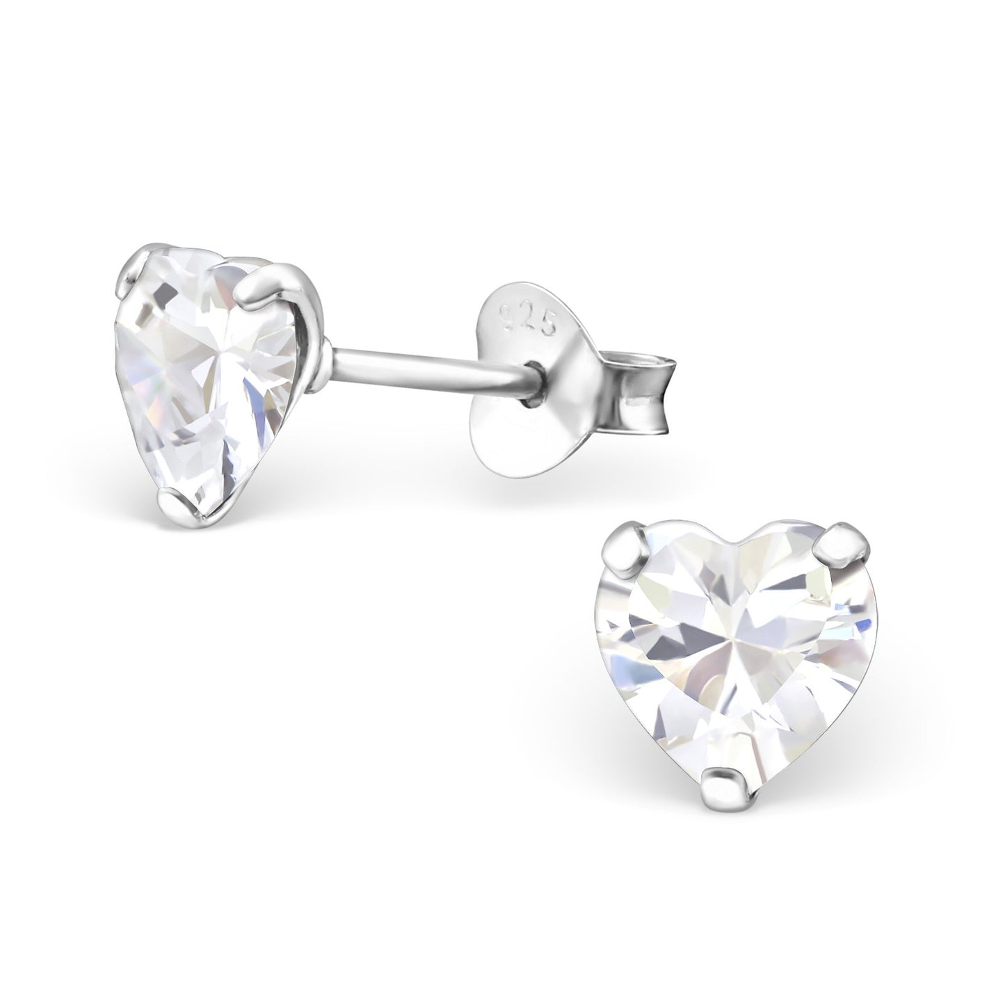 Melchior Jewellery sterling silver birthstone heart earrings with clear heart cut stones stud design