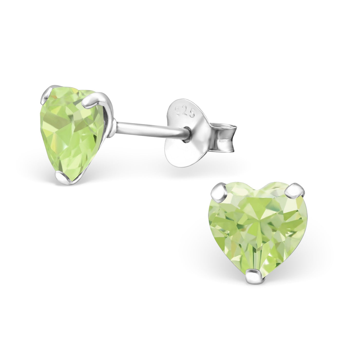 Melchior Jewellery sterling silver birthstone heart earrings with light green heart gemstone studs