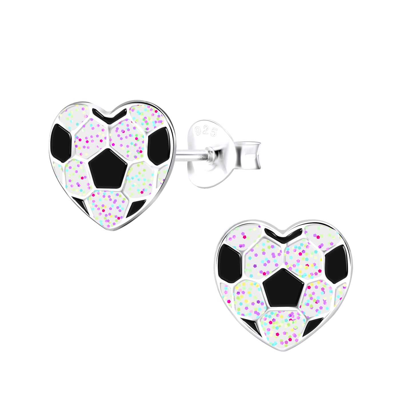Melchior Jewellery sterling silver football heart studs for children white glitter enamel with black panels