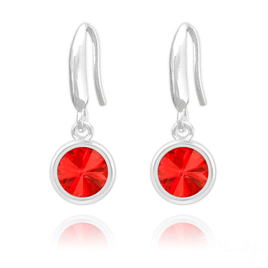 Melchior Jewellery Swarovski drop earrings sterling silver with hook fastening and bezel set round red crystal drops