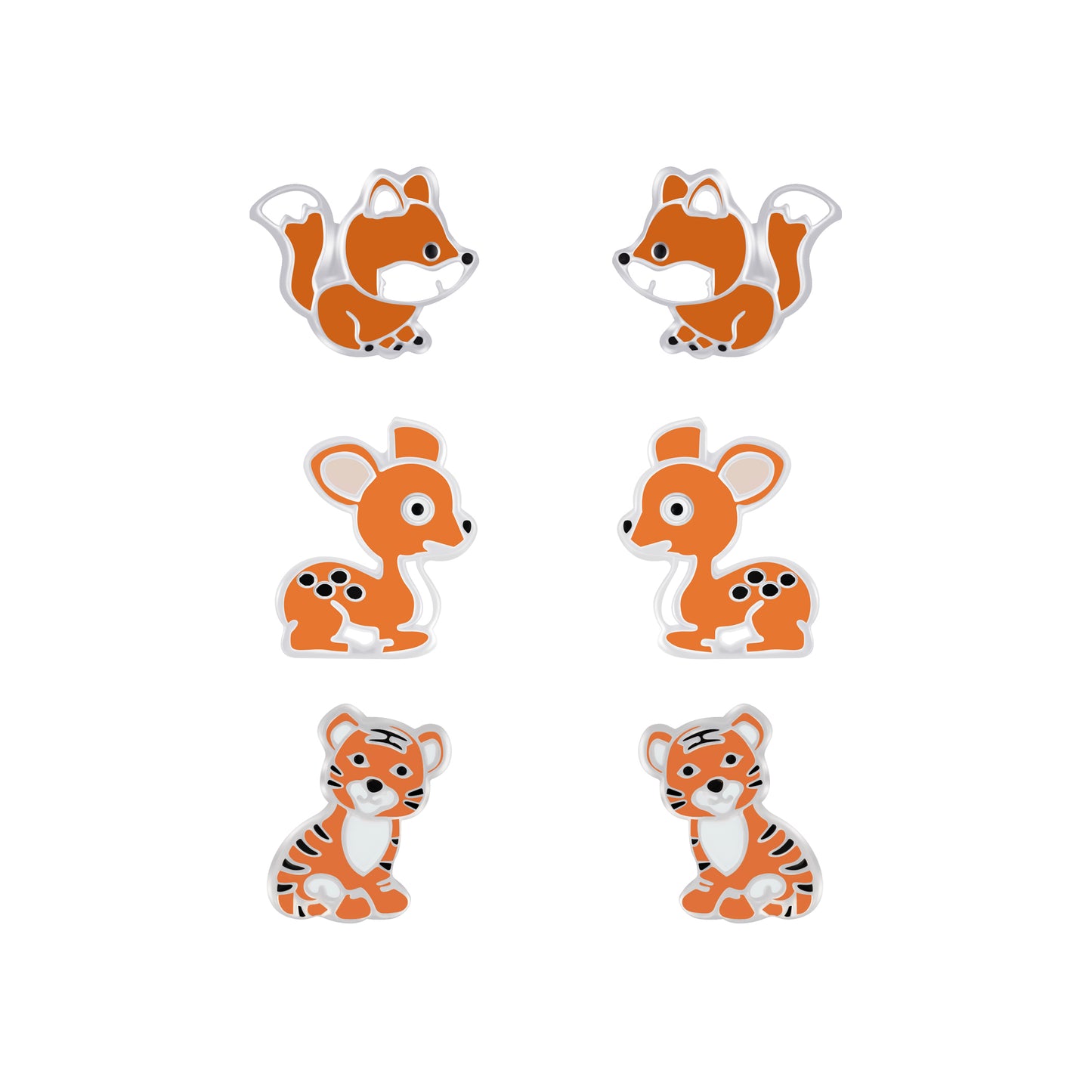 Melchior Jewellery kids animal stud earrings set featuring fox, deer, and tiger designs for children