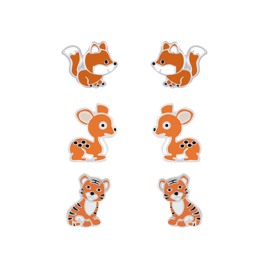 Melchior Jewellery kids animal stud earrings set featuring fox, deer, and tiger designs for children