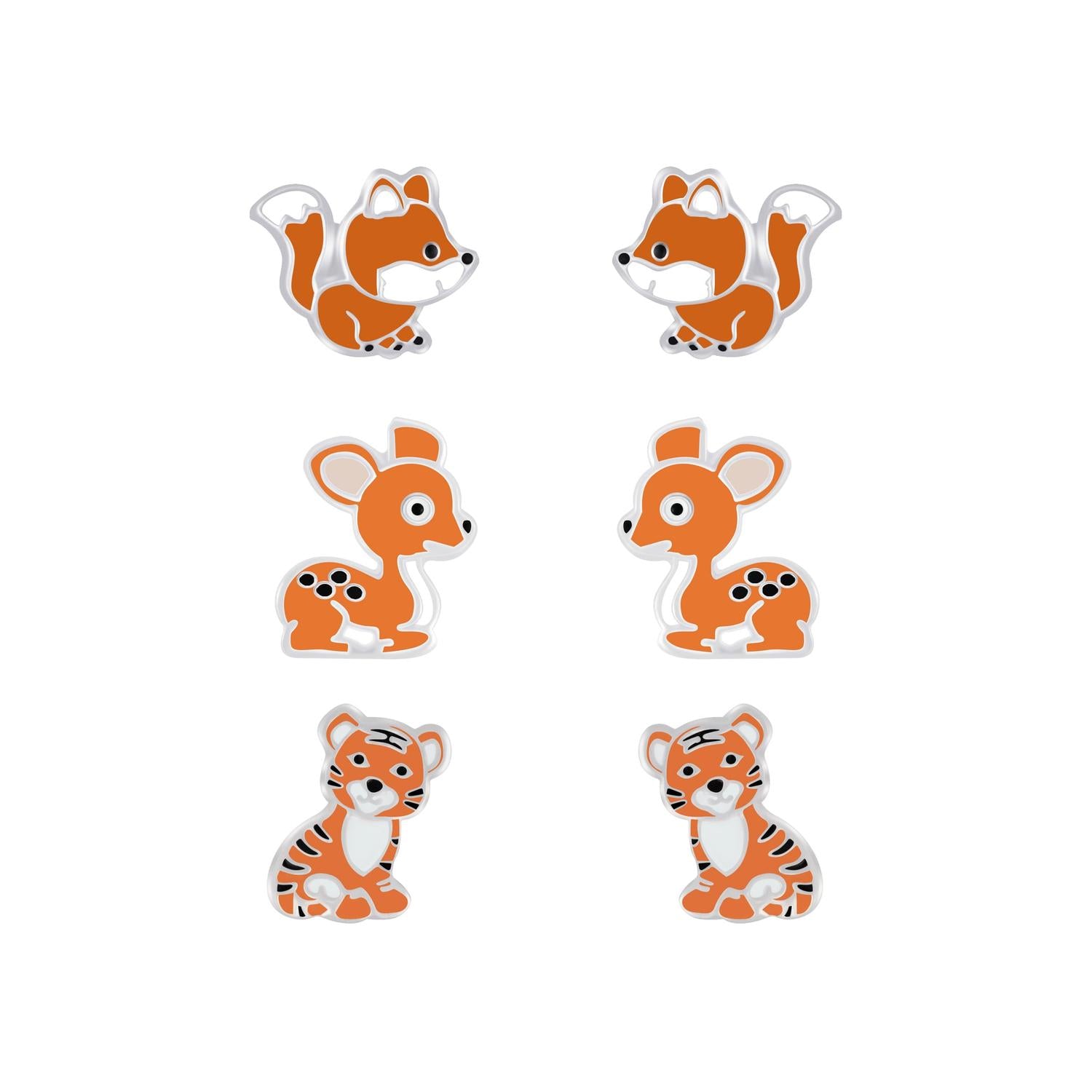 Melchior Jewellery kids animal stud earrings set featuring fox, deer, and tiger designs for children