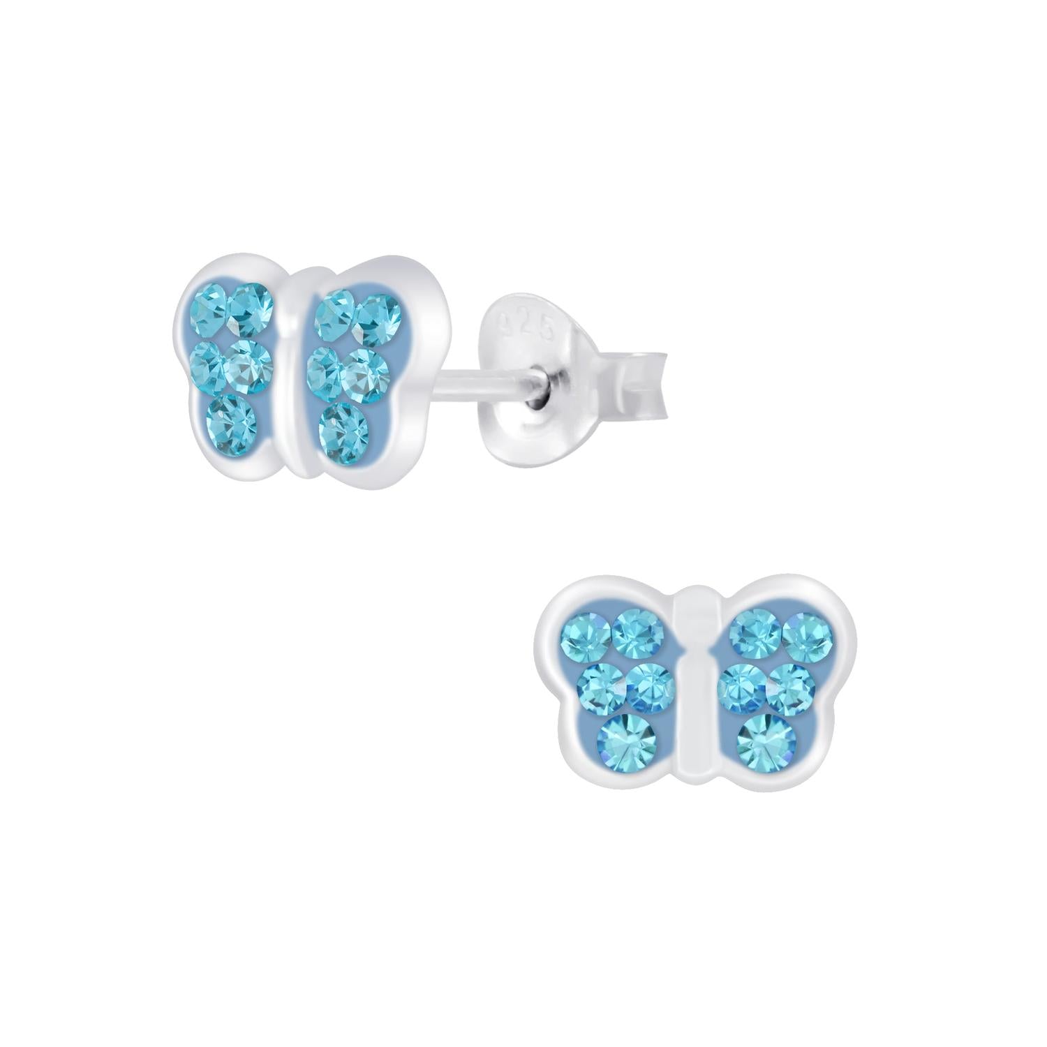 Melchior Jewellery kids butterfly stud earrings with blue crystal accents on silver studs