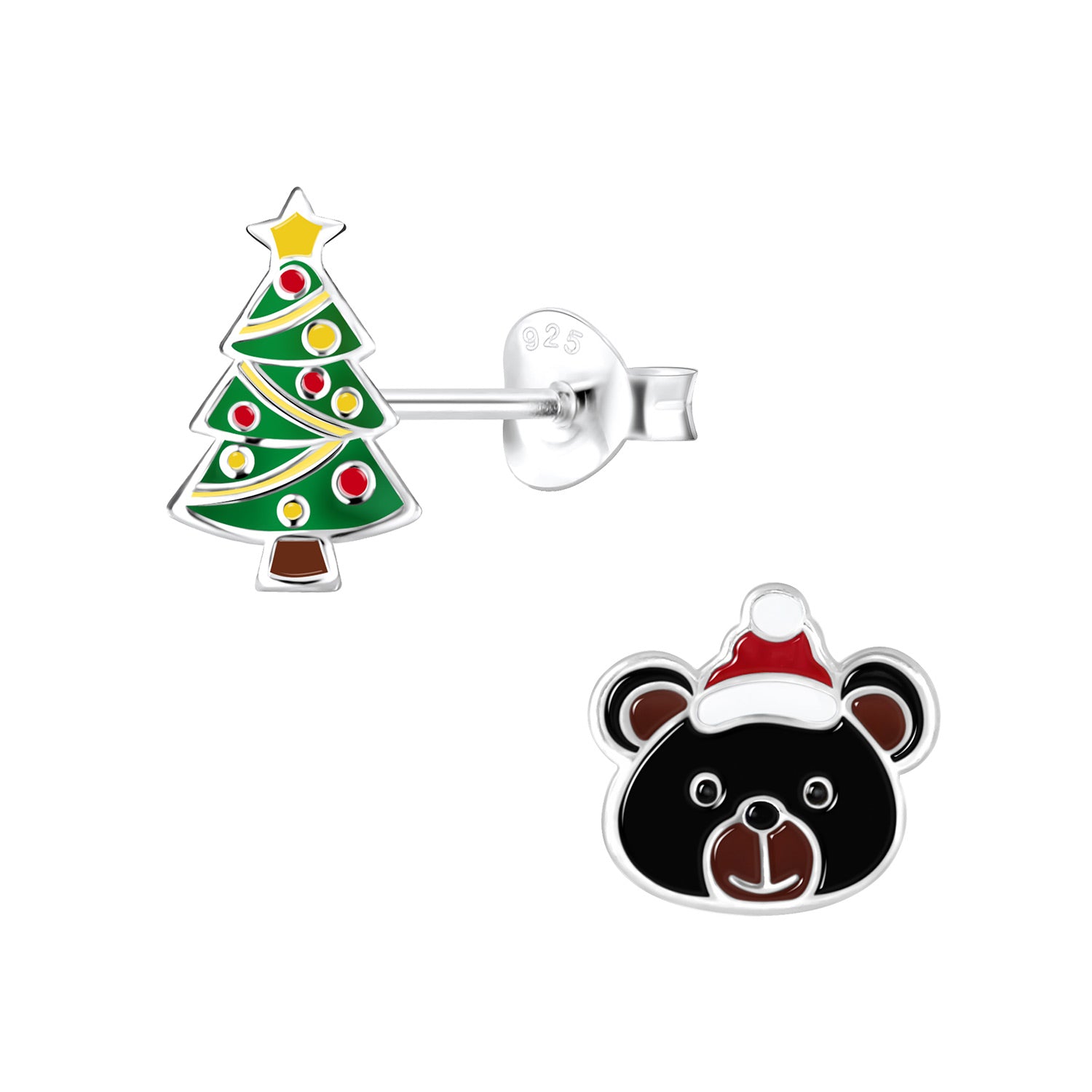Kids Christmas stud earrings set, featuring a green Christmas tree with colourful baubles and a black bear wearing a red Santa hat