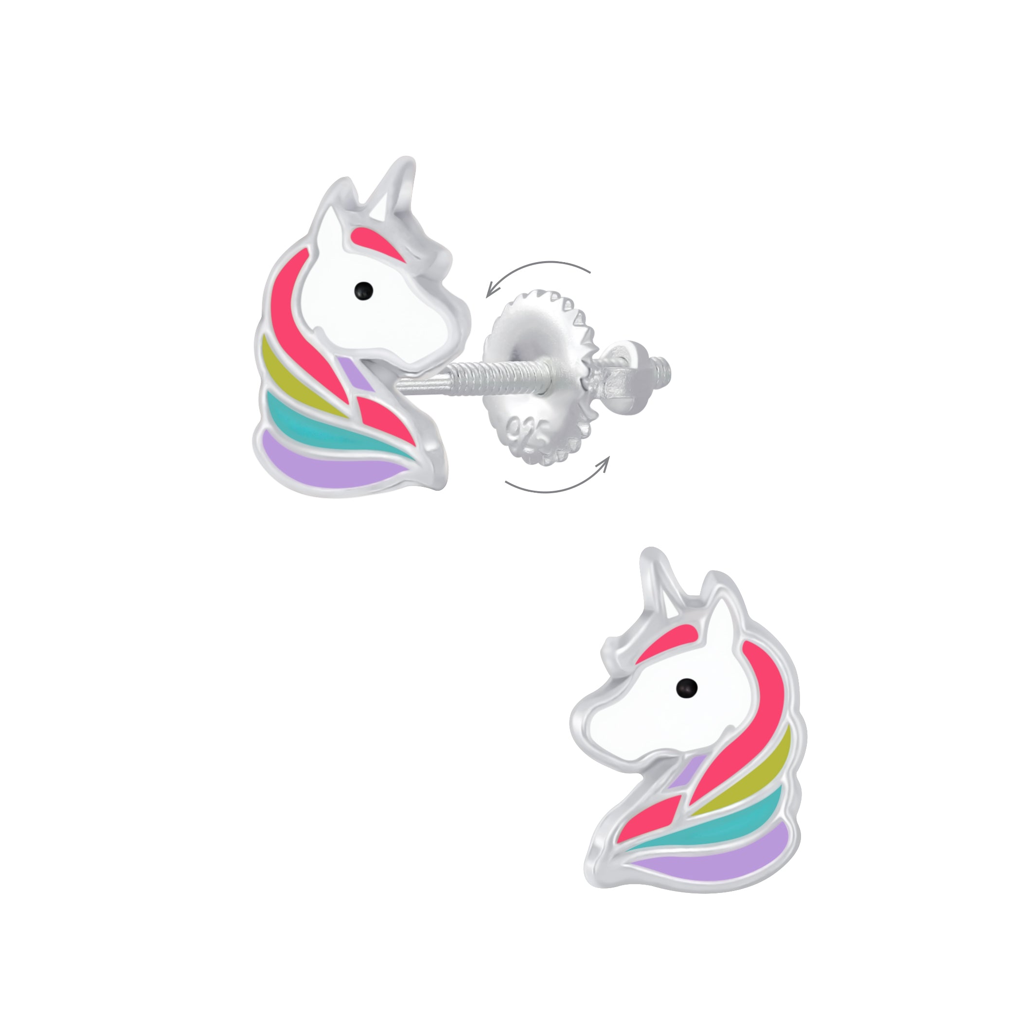 Melchior Jewellery kids colourful unicorn screw back studs in silver with rainbow manes