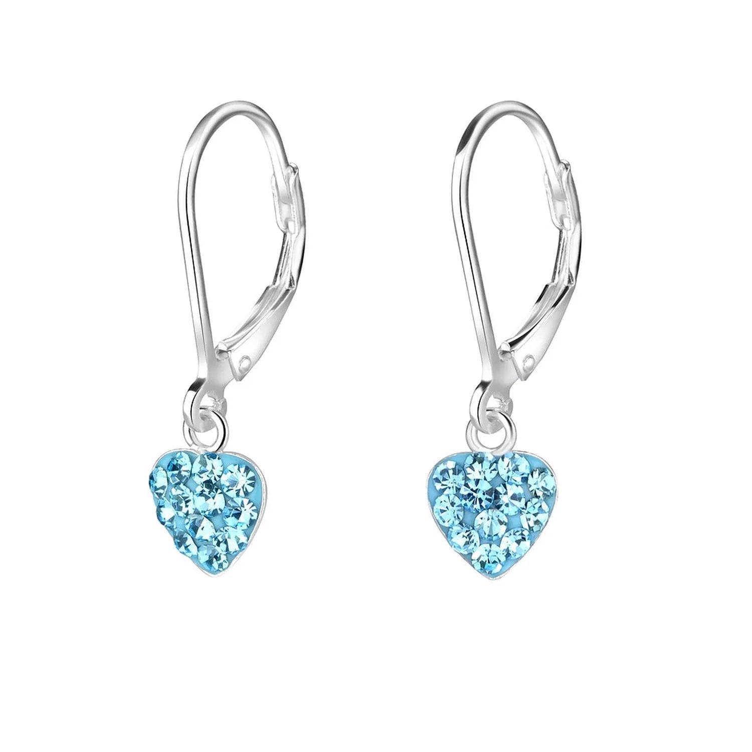 Melchior Jewellery kids crystal heart leverback earrings with sparkling light blue crystals and silver hooks