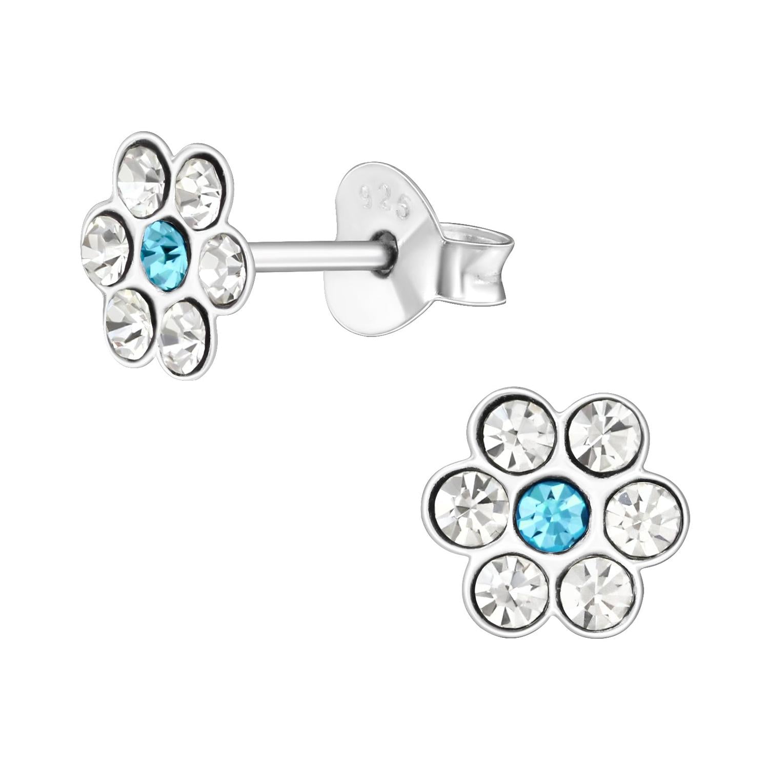 Melchior Jewellery kids crystal stud earrings hypoallergenic silver flower design with blue centre stones