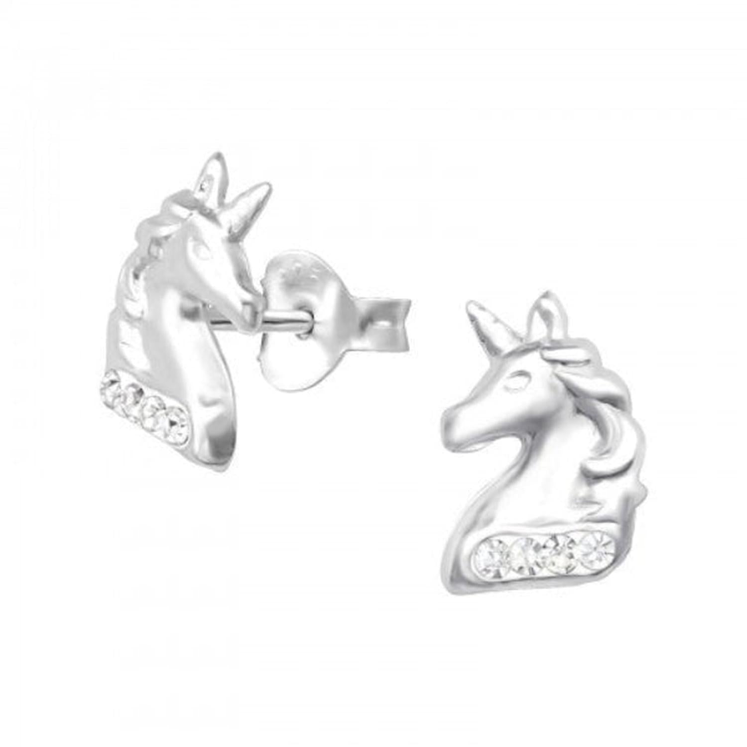 Melchior Jewellery kids crystal unicorn stud earrings in silver plated unicorn head studs with clear crystals