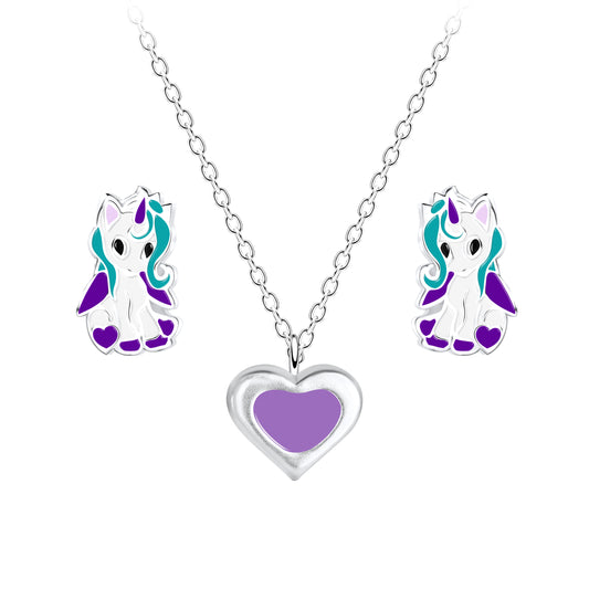 Melchior Jewellery kids heart necklace and unicorn earrings set in silver with purple and turquoise details