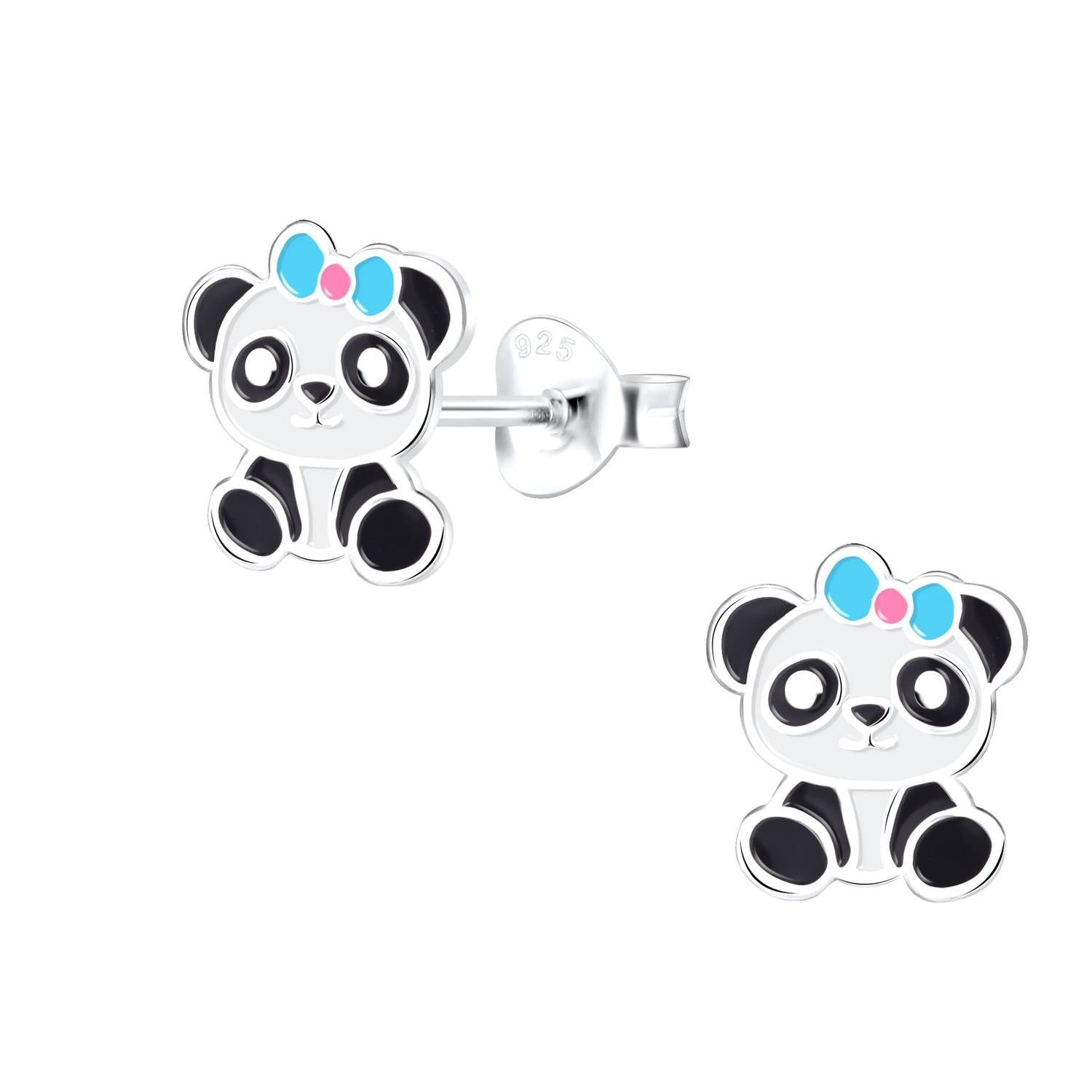 Melchior Jewellery kids hypoallergenic panda stud earrings with blue bow and silver detailing