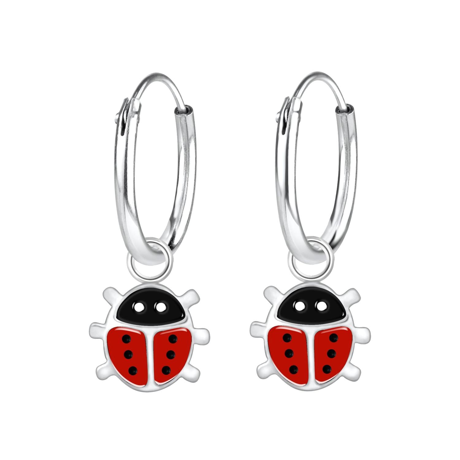 Melchior Jewellery kids ladybird hoop earrings in silver with red and black enamel charm