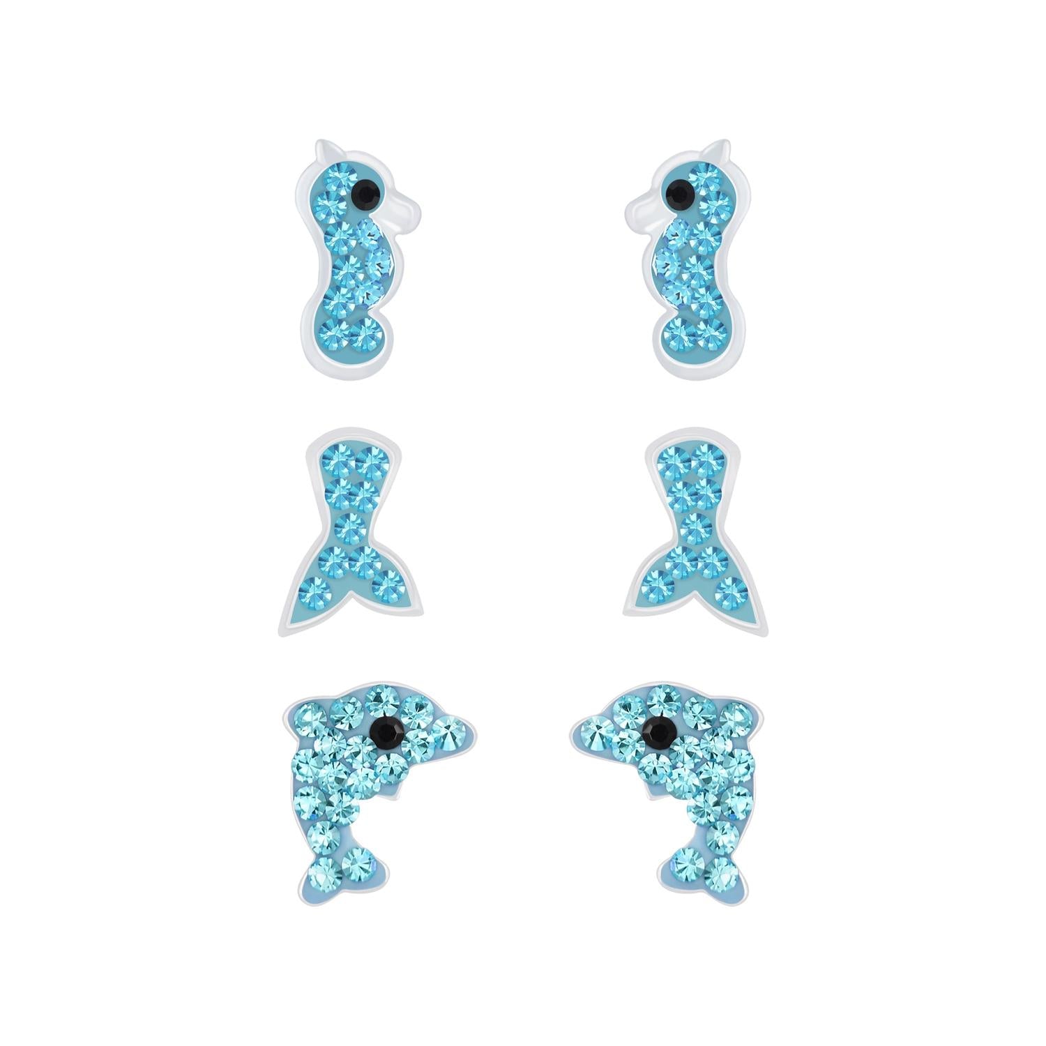 Melchior Jewellery kids ocean themed stud earrings set with seahorse, mermaid tail, and dolphin designs