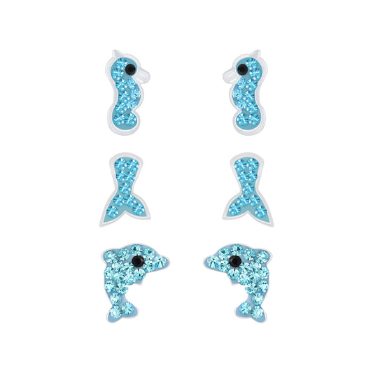 Melchior Jewellery kids ocean themed stud earrings set with seahorse, fish tail, and dolphin designs