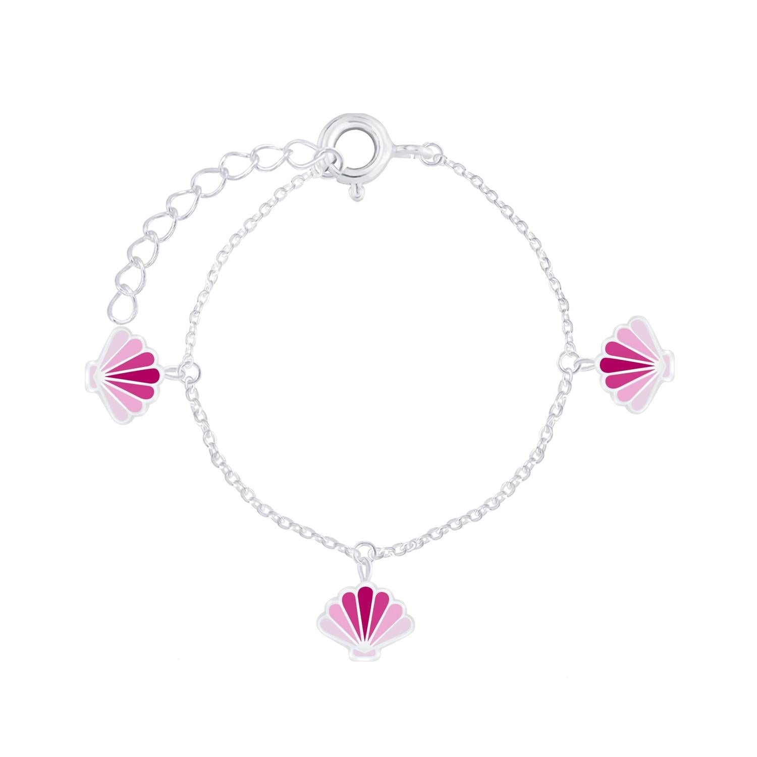 Kids shell bracelet silver with delicate pink and magenta enamel shell charms on a fine silver chain by Melchior Jewellery